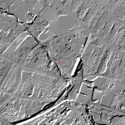 Shaded relief map of the ground around GL503NL, computed from Environment Agency LiDAR. The ground here sits at about 51 m above sea level and falls 20 m across the surrounding 800 m. Surface water reaching this point runs off ground lying to the south-south-east, 11.8 m higher.