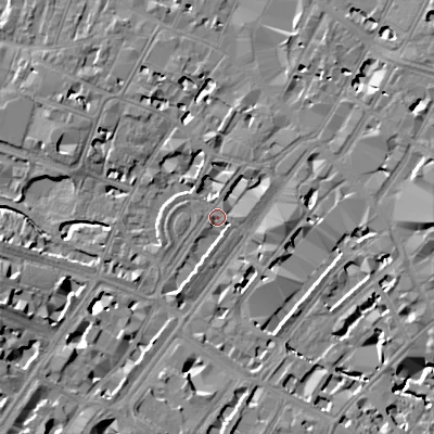 Shaded relief map of the ground around GL503PB, computed from Environment Agency LiDAR. The ground here sits at about 57 m above sea level and falls 13 m across the surrounding 800 m. Surface water reaching this point runs off ground lying to the north-east, 6.0 m higher.