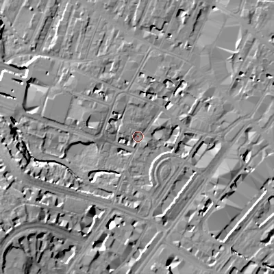 Shaded relief map of the ground around GL503PP, computed from Environment Agency LiDAR. The ground here sits at about 56 m above sea level and falls 22 m across the surrounding 800 m. Surface water reaching this point runs off ground lying to the east-north-east, 3.7 m higher.