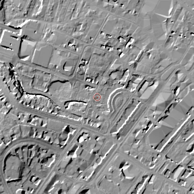Shaded relief map of the ground around GL503PQ, computed from Environment Agency LiDAR. The ground here sits at about 56 m above sea level and falls 22 m across the surrounding 800 m. Surface water reaching this point runs off ground lying to the west-south-west, 19.5 m higher.