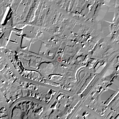 Shaded relief map of the ground around GL503PR, computed from Environment Agency LiDAR. The ground here sits at about 57 m above sea level and falls 23 m across the surrounding 800 m. Surface water reaching this point runs off ground lying to the south-west, 20.0 m higher.