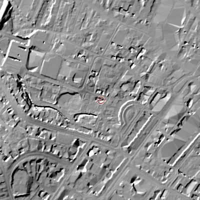 Shaded relief map of the ground around GL503PT, computed from Environment Agency LiDAR. The ground here sits at about 55 m above sea level and falls 23 m across the surrounding 800 m. Surface water reaching this point runs off ground lying to the south-west, 20.0 m higher.
