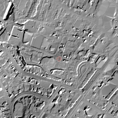 Shaded relief map of the ground around GL503PU, computed from Environment Agency LiDAR. The ground here sits at about 56 m above sea level and falls 24 m across the surrounding 800 m. Surface water reaching this point runs off ground lying to the south-west, 20.0 m higher.