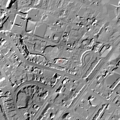 Shaded relief map of the ground around GL503QE, computed from Environment Agency LiDAR. The ground here sits at about 55 m above sea level and falls 24 m across the surrounding 800 m. Surface water reaching this point runs off ground lying to the west-south-west, 20.0 m higher.