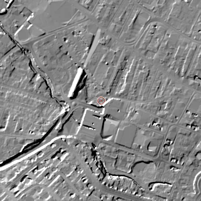 Shaded relief map of the ground around GL503QN, computed from Environment Agency LiDAR. The ground here sits at about 53 m above sea level and falls 22 m across the surrounding 800 m. Surface water reaching this point runs off ground lying to the east-south-east, 6.3 m higher.
