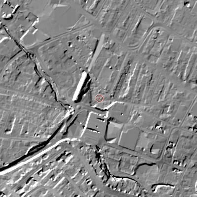 Shaded relief map of the ground around GL503QP, computed from Environment Agency LiDAR. The ground here sits at about 53 m above sea level and falls 21 m across the surrounding 800 m. Surface water reaching this point runs off ground lying to the south, 11.8 m higher.