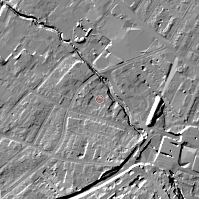 Shaded relief map of the ground around GL503RQ, computed from Environment Agency LiDAR. The ground here sits at about 52 m above sea level and falls 19 m across the surrounding 800 m. Surface water reaching this point runs off ground lying to the south-south-west, 2.1 m higher.