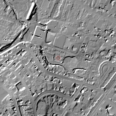 Shaded relief map of the ground around GL503SH, computed from Environment Agency LiDAR. The ground here sits at about 55 m above sea level and falls 25 m across the surrounding 800 m. Surface water reaching this point runs off ground lying to the south-south-west, 20.9 m higher.