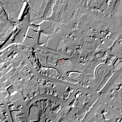 Shaded relief map of the ground around GL503WG, computed from Environment Agency LiDAR. The ground here sits at about 54 m above sea level and falls 25 m across the surrounding 800 m. Surface water reaching this point runs off ground lying to the south-west, 20.2 m higher.