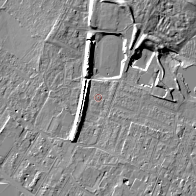 Shaded relief map of the ground around GL504DR, computed from Environment Agency LiDAR. The ground here sits at about 53 m above sea level and falls 12 m across the surrounding 800 m. Surface water reaching this point runs off ground lying to the east-south-east, 0.7 m higher.