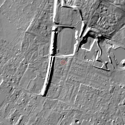 Shaded relief map of the ground around GL504EE, computed from Environment Agency LiDAR. The ground here sits at about 53 m above sea level and falls 14 m across the surrounding 800 m. Surface water reaching this point runs off ground lying to the south-east, 1.1 m higher.
