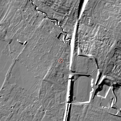 Shaded relief map of the ground around GL504GF, computed from Environment Agency LiDAR. The ground here sits at about 50 m above sea level and falls 21 m across the surrounding 800 m. Surface water reaching this point runs off ground lying to the south-west, 3.3 m higher.