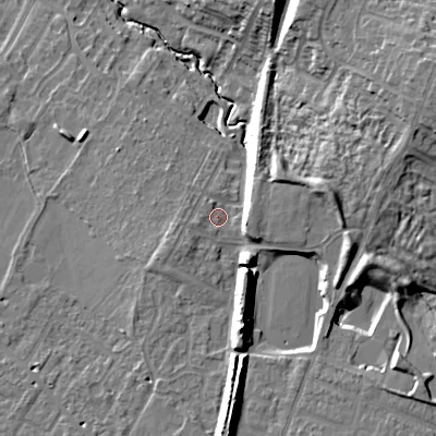 Shaded relief map of the ground around GL504GL, computed from Environment Agency LiDAR. The ground here sits at about 51 m above sea level and falls 21 m across the surrounding 800 m. Surface water reaching this point runs off ground lying to the east-north-east, 12.4 m higher.