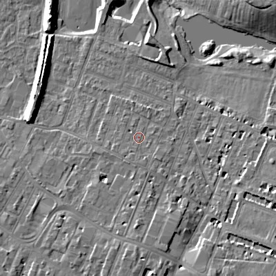 Shaded relief map of the ground around GL504HN, computed from Environment Agency LiDAR. The ground here sits at about 55 m above sea level and falls 14 m across the surrounding 800 m. Surface water reaching this point runs off ground lying to the south, 1.5 m higher.