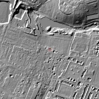 Shaded relief map of the ground around GL504LN, computed from Environment Agency LiDAR. The ground here sits at about 54 m above sea level and falls 17 m across the surrounding 800 m. Surface water reaching this point runs off ground lying to the south-south-east, 5.0 m higher.