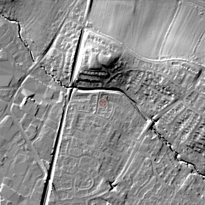 Shaded relief map of the ground around GL504SB, computed from Environment Agency LiDAR. The ground here sits at about 42 m above sea level and falls 20 m across the surrounding 800 m. Surface water reaching this point runs off ground lying to the south, 5.8 m higher.