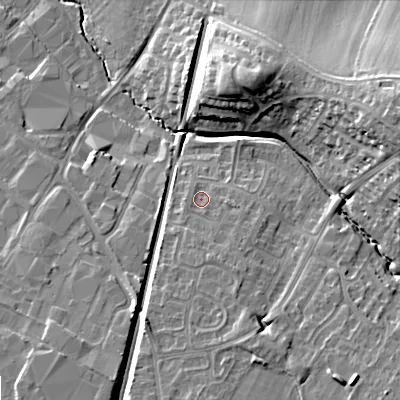 Shaded relief map of the ground around GL504SD, computed from Environment Agency LiDAR. The ground here sits at about 44 m above sea level and falls 18 m across the surrounding 800 m. Surface water reaching this point runs off ground lying to the south, 3.0 m higher.