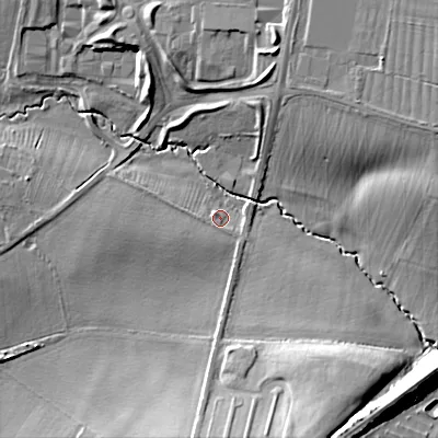 Shaded relief map of the ground around GL504SJ, computed from Environment Agency LiDAR. The ground here sits at about 45 m above sea level and falls 18 m across the surrounding 800 m. Surface water reaching this point runs off ground lying to the south-south-east, 2.5 m higher.