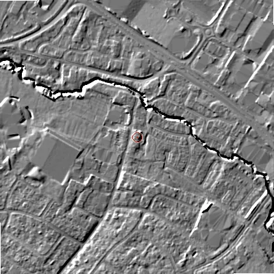 Shaded relief map of the ground around GL510AE, computed from Environment Agency LiDAR. The ground here sits at about 41 m above sea level and falls 11 m across the surrounding 800 m. Surface water reaching this point runs off ground lying to the south-east, 5.7 m higher.