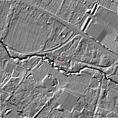 Shaded relief map of the ground around GL510AP, computed from Environment Agency LiDAR. The ground here sits at about 38 m above sea level and falls 10 m across the surrounding 800 m. Surface water reaching this point runs off ground lying to the east, 3.5 m higher.
