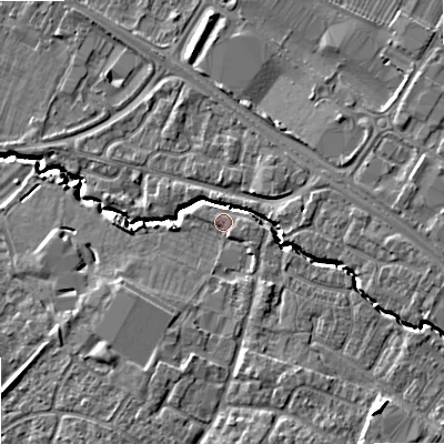 Shaded relief map of the ground around GL510AQ, computed from Environment Agency LiDAR. The ground here sits at about 40 m above sea level and falls 12 m across the surrounding 800 m. Surface water reaching this point runs off ground lying to the south-east, 6.7 m higher.