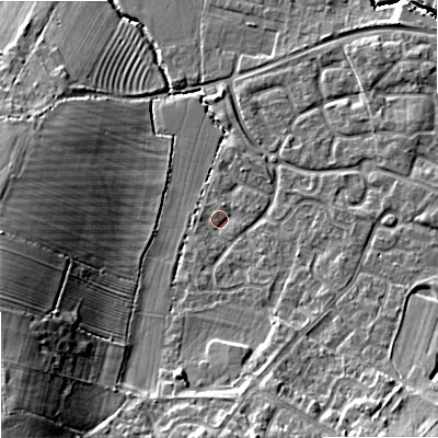 Shaded relief map of the ground around GL510QA, computed from Environment Agency LiDAR. The ground here sits at about 35 m above sea level and falls 17 m across the surrounding 800 m. Surface water reaching this point runs off ground lying to the south-south-west, 1.2 m higher.