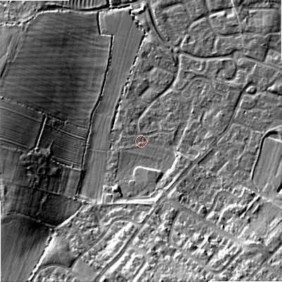 Shaded relief map of the ground around GL510QE, computed from Environment Agency LiDAR. The ground here sits at about 36 m above sea level and falls 17 m across the surrounding 800 m. Surface water reaching this point runs off ground lying to the south-west, 2.0 m higher.