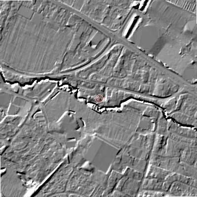 Shaded relief map of the ground around GL510RE, computed from Environment Agency LiDAR. The ground here sits at about 38 m above sea level and falls 10 m across the surrounding 800 m. Surface water reaching this point runs off ground lying to the east, 4.1 m higher.