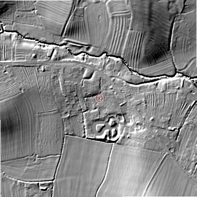 Shaded relief map of the ground around GL510SS, computed from Environment Agency LiDAR. The ground here sits at about 28 m above sea level and falls 17 m across the surrounding 800 m. Surface water reaching this point runs off ground lying to the east, 3.3 m higher.