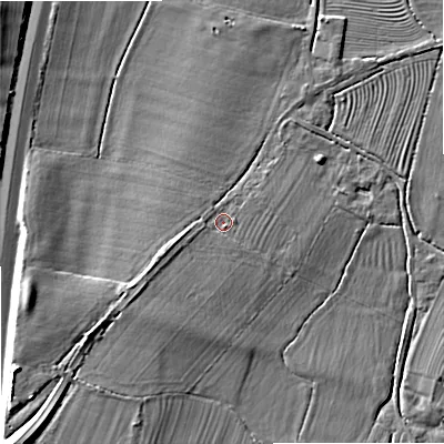 Shaded relief map of the ground around GL510TG, computed from Environment Agency LiDAR. The ground here sits at about 28 m above sea level and falls 10 m across the surrounding 800 m. Surface water reaching this point runs off ground lying to the south-west, 2.3 m higher.