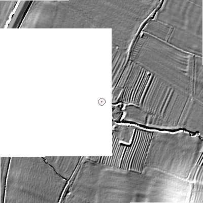 Shaded relief map of the ground around GL510TH, computed from Environment Agency LiDAR. and falls 14 m across the surrounding 800 m. The ground contributing surface water to this point lies to the east.