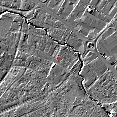 Shaded relief map of the ground around GL510UP, computed from Environment Agency LiDAR. The ground here sits at about 42 m above sea level and falls 13 m across the surrounding 800 m. Surface water reaching this point runs off ground lying to the east-south-east, 2.0 m higher.