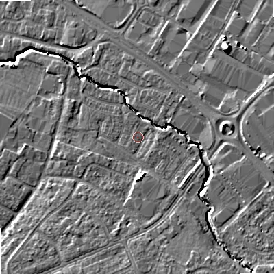 Shaded relief map of the ground around GL510UR, computed from Environment Agency LiDAR. The ground here sits at about 41 m above sea level and falls 13 m across the surrounding 800 m. Surface water reaching this point runs off ground lying to the east, 1.4 m higher.