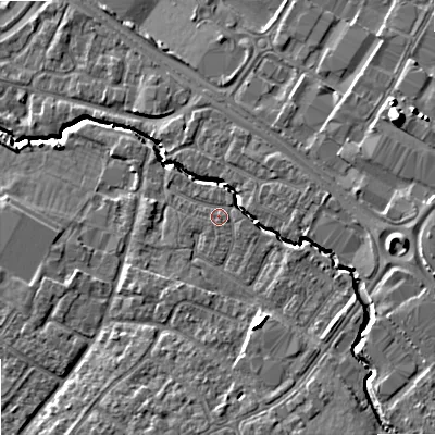 Shaded relief map of the ground around GL510US, computed from Environment Agency LiDAR. The ground here sits at about 41 m above sea level and falls 13 m across the surrounding 800 m. Surface water reaching this point runs off ground lying to the east-south-east, 0.8 m higher.