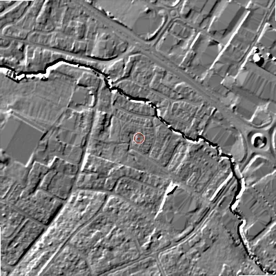 Shaded relief map of the ground around GL510UT, computed from Environment Agency LiDAR. The ground here sits at about 41 m above sea level and falls 13 m across the surrounding 800 m. Surface water reaching this point runs off ground lying to the south-south-east, 5.2 m higher.