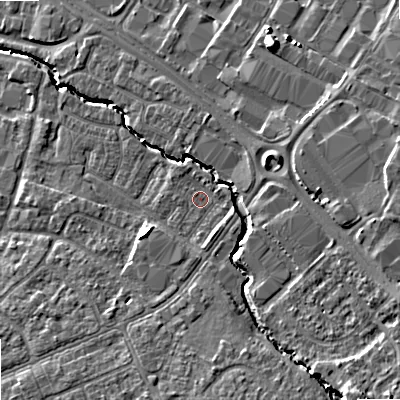 Shaded relief map of the ground around GL510UW, computed from Environment Agency LiDAR. The ground here sits at about 42 m above sea level and falls 12 m across the surrounding 800 m. Surface water reaching this point runs off ground lying to the south-south-east, 1.9 m higher.