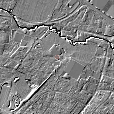 Shaded relief map of the ground around GL510WH, computed from Environment Agency LiDAR. The ground here sits at about 40 m above sea level and falls 12 m across the surrounding 800 m. Surface water reaching this point runs off ground lying to the east-south-east, 2.4 m higher.