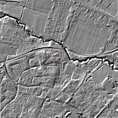 Shaded relief map of the ground around GL510WR, computed from Environment Agency LiDAR. The ground here sits at about 37 m above sea level and falls 12 m across the surrounding 800 m. Surface water reaching this point runs off ground lying to the west, 1.0 m higher.