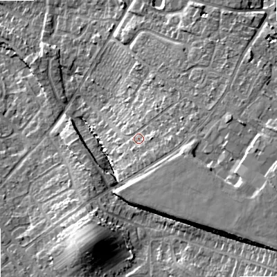 Shaded relief map of the ground around GL513LY, computed from Environment Agency LiDAR. The ground here sits at about 55 m above sea level and falls 17 m across the surrounding 800 m. Surface water reaching this point runs off ground lying to the east-south-east, 9.4 m higher.