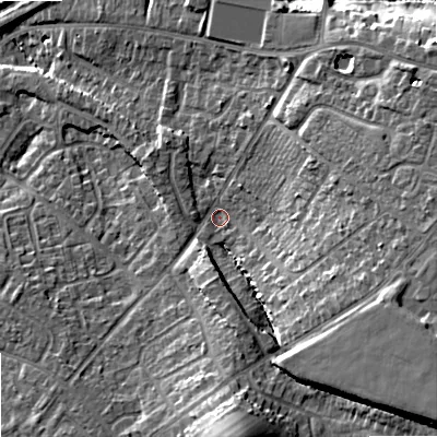 Shaded relief map of the ground around GL513LZ, computed from Environment Agency LiDAR. The ground here sits at about 49 m above sea level and falls 19 m across the surrounding 800 m. Surface water reaching this point runs off ground lying to the south, 14.8 m higher.
