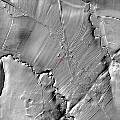 Shaded relief map of the ground around GL514UW, computed from Environment Agency LiDAR. The ground here sits at about 44 m above sea level and falls 18 m across the surrounding 800 m. Surface water reaching this point runs off ground lying to the south-east, 1.8 m higher.