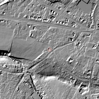 Shaded relief map of the ground around GL516EB, computed from Environment Agency LiDAR. The ground here sits at about 60 m above sea level and falls 17 m across the surrounding 800 m. Surface water reaching this point runs off ground lying to the east-south-east, 6.3 m higher.