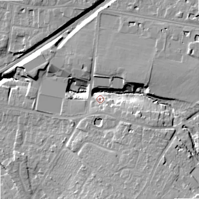 Shaded relief map of the ground around GL516EH, computed from Environment Agency LiDAR. The ground here sits at about 53 m above sea level and falls 17 m across the surrounding 800 m. Surface water reaching this point runs off ground lying to the south-south-east, 12.9 m higher.