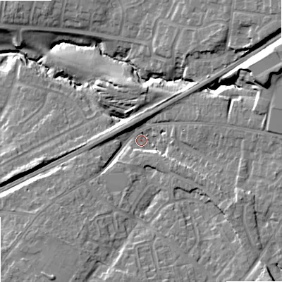 Shaded relief map of the ground around GL516ET, computed from Environment Agency LiDAR. The ground here sits at about 44 m above sea level and falls 19 m across the surrounding 800 m. Surface water reaching this point runs off ground lying to the south-south-west, 10.1 m higher.