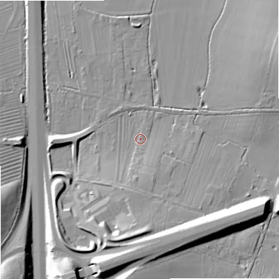 Shaded relief map of the ground around GL516SL, computed from Environment Agency LiDAR. The ground here sits at about 28 m above sea level and falls 19 m across the surrounding 800 m. Surface water reaching this point runs off ground lying to the south, 7.9 m higher.
