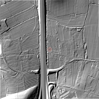 Shaded relief map of the ground around GL516SW, computed from Environment Agency LiDAR. The ground here sits at about 27 m above sea level and falls 19 m across the surrounding 800 m. Surface water reaching this point runs off ground lying to the south-south-east, 9.9 m higher.