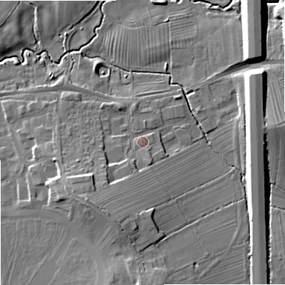 Shaded relief map of the ground around GL516TQ, computed from Environment Agency LiDAR. The ground here sits at about 27 m above sea level and falls 13 m across the surrounding 800 m. Surface water reaching this point runs off ground lying to the south-south-west, 5.0 m higher.