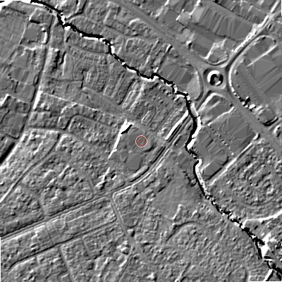 Shaded relief map of the ground around GL517PA, computed from Environment Agency LiDAR. The ground here sits at about 43 m above sea level and falls 13 m across the surrounding 800 m. The ground contributing surface water to this point lies to the south-south-west.