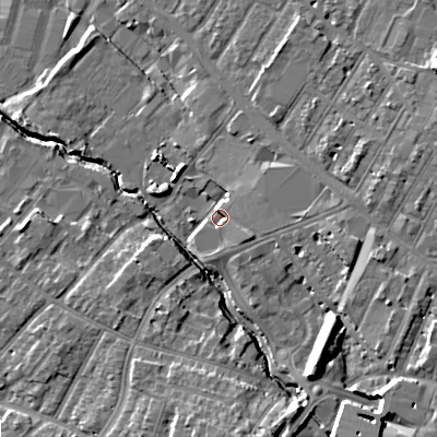 Shaded relief map of the ground around GL518JN, computed from Environment Agency LiDAR. The ground here sits at about 50 m above sea level and falls 13 m across the surrounding 800 m. Surface water reaching this point runs off ground lying to the east, 4.9 m higher.