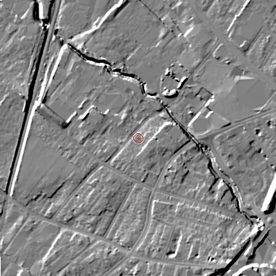 Shaded relief map of the ground around GL518JP, computed from Environment Agency LiDAR. The ground here sits at about 52 m above sea level and falls 16 m across the surrounding 800 m. Surface water reaching this point runs off ground lying to the south, 2.8 m higher.